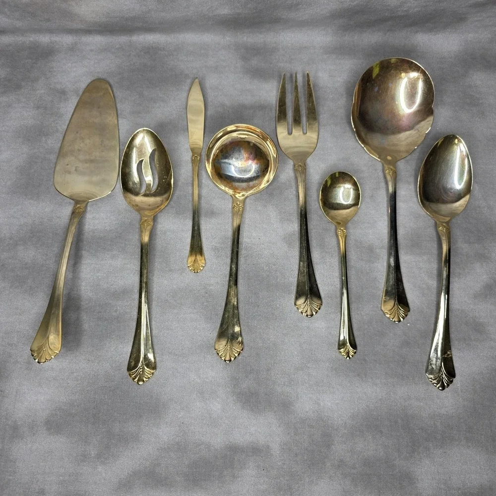 (X8) International Silver INS398 Gold Electroplate Varied Serving Flatware Vtg